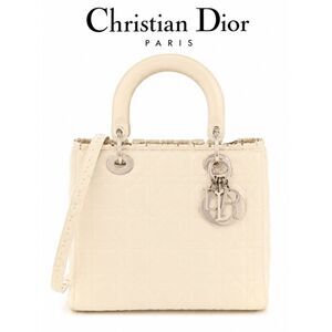 Authentic Christian Dior Lambskin Cannage Ruffle Trim Medium Lady Dior Off White